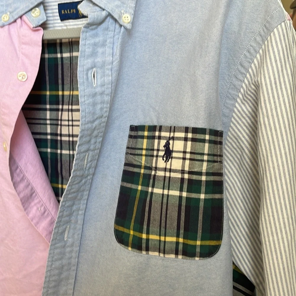 Vintage Ralph Lauren Men's Pink and Blue Patchwork Shirt - Picture 3 of 5